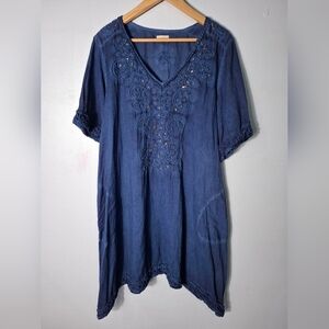 Lula Soul Blue Embroidered Cottton Boho Peasent Dress Sequin Pockets Resort Sz L